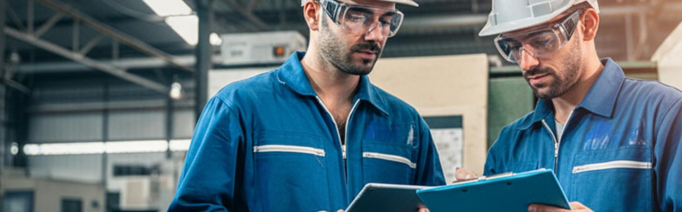 Dos trabajadores analizando un proyecto