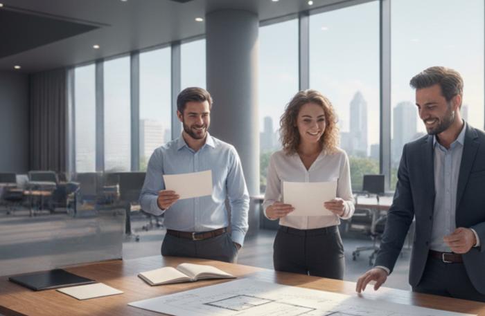 Imagen de un grupo de personas revisando un plano